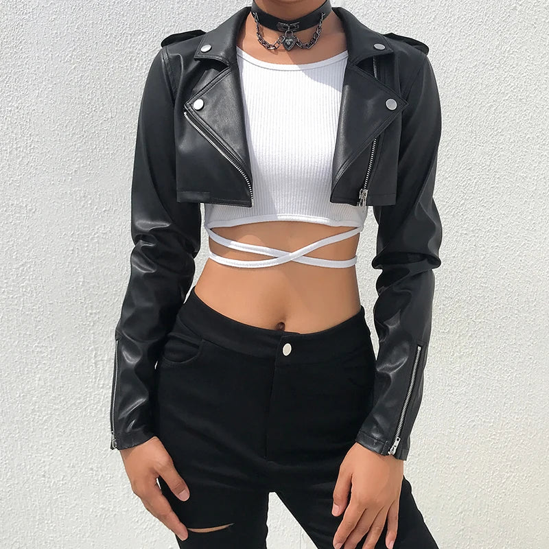 Leather Jacket Women Zipper Cropped Jacket Coat Outerwear