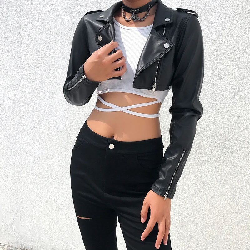 Leather Jacket Women Zipper Cropped Jacket Coat Outerwear