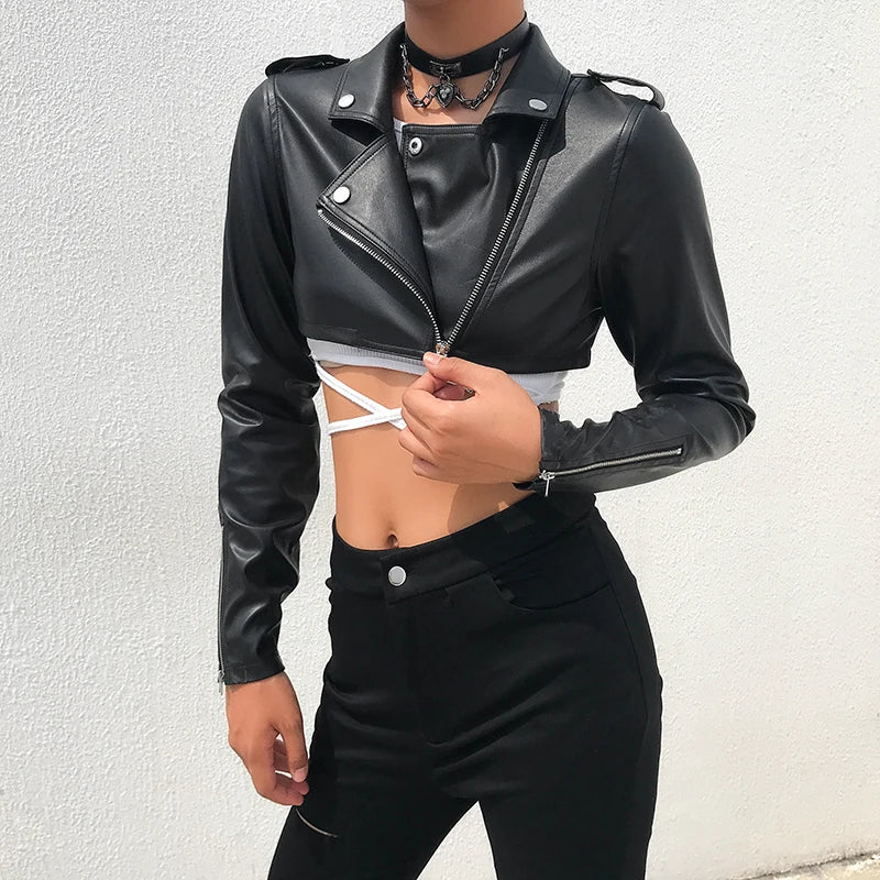 Leather Jacket Women Zipper Cropped Jacket Coat Outerwear