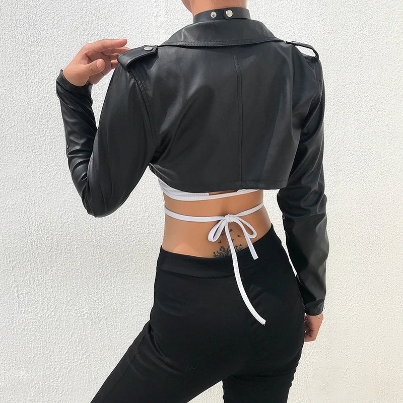 Leather Jacket Women Zipper Cropped Jacket Coat Outerwear