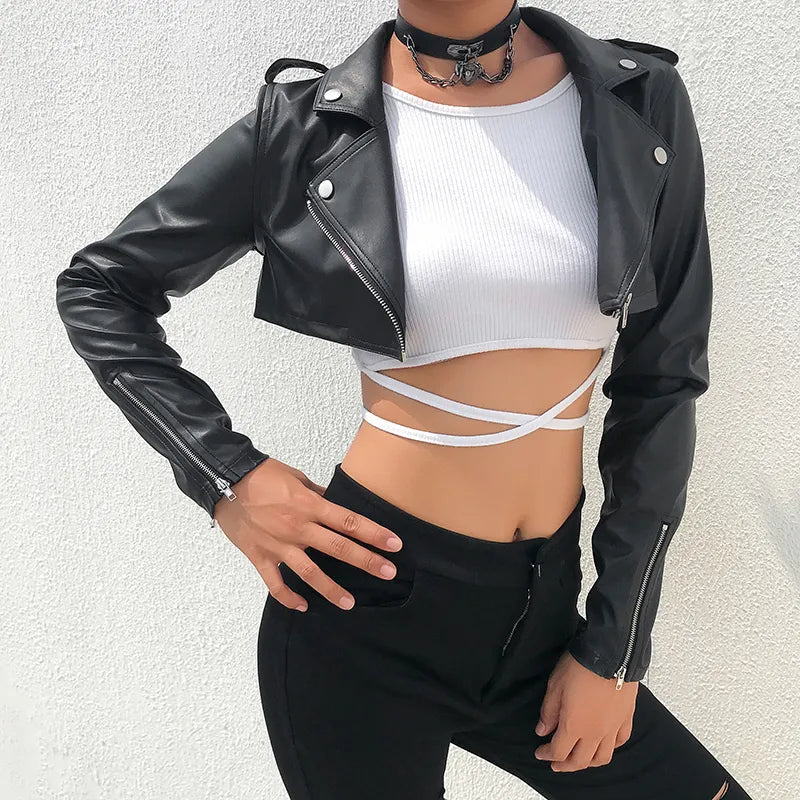 Leather Jacket Women Zipper Cropped Jacket Coat Outerwear