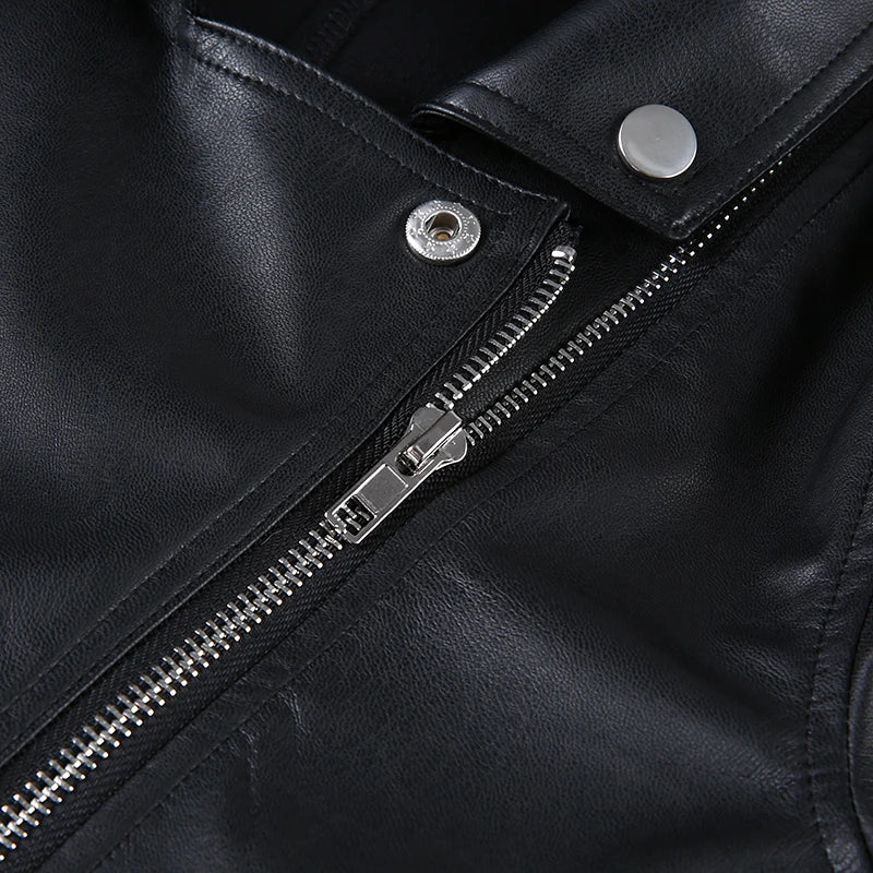 Leather Jacket Women Zipper Cropped Jacket Coat Outerwear